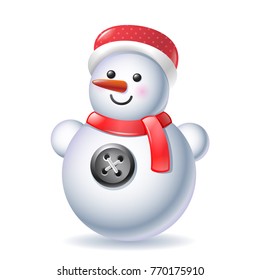 Vector funny snowman. Red hat, scarf, button. Character for greeting cards, invitations, banners, stickers, wrapping.