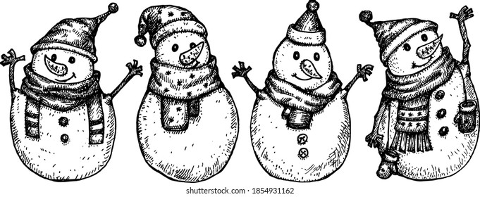 Vector funny snowmen cartoons, isolated on white. Hand drawn illustration.