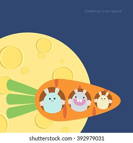 Vector funny space  illustration. Making greeting card, leaflet, flyer on a holiday. Cheerful smile rabbits, hares, moon craters, fantasy rocket carrot vegetable.