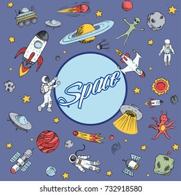 Vector funny space objects template, frame. Space ships, rockets, planets, flying saucers, cosmonauts, stars, comets, satellites, ufo etc.