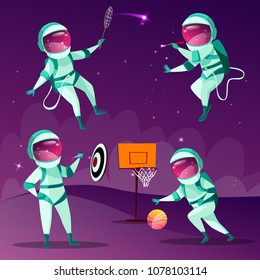 Vector funny spacemen playing darts, basketball, badminton and drawing in outer space in spacesuit without gravity set. Cartoon characters, astronauts leisure activity on cosmic purple background