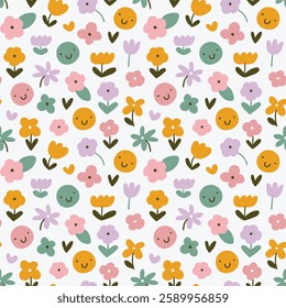 Vector funny spring floral seamless pattern. Simple and naive abstract flora repeated background. Illustrated flower print design.