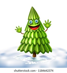 Vector funny spruce christmas tree character with arms, face smiling. Realistic green creature on winter snow background waving hands. 3d traditional new year xmas decoration object