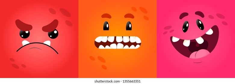 Vector funny square monster faces with different emotions, smiles, emoticon set for messenger, sticker, social media, animation, comic, newsletter, poster, banner, logo, icon, avatar. For April 1