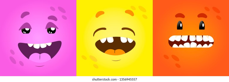 Vector funny square monster faces with different emotions, smiles, emoticon set for messenger, sticker, social media, animation, comic, newsletter, poster, banner, logo, icon, avatar. For April 1