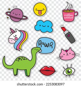 Vector with funny sticker collection on transparent background