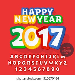 Pegatina divertida del vector Feliz año nuevo 2017 tarjeta de felicitación con un conjunto de letras, símbolos y números. El archivo contiene estilos gráficos