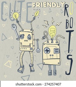 vector funny stylized fantasy cartoon robots illustration with slogans, triangles and charcoal texture background 