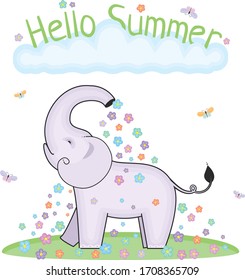 Vector funny summer card with elephant in flowers shower. Hello summer lettering text.
