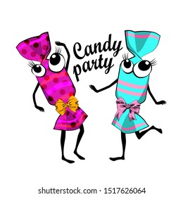 Vector funny sweets. Comic and funny sweets couple with dress. Illustration of fashionista and model cartoon candies. Print on T-shirts, bags and other fashion products. 