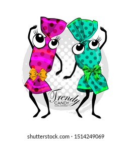 Vector funny sweets. Comic and funny sweet couple with dress. Illustration of fashionista and model cartoon candies. Print on T-shirts, bags and other fashion products. 