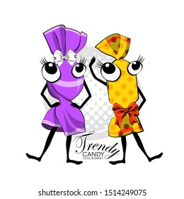 Vector funny sweets. Comic and funny sweet couple with dress. Illustration of fashionista and model cartoon candies. Print on T-shirts, bags and other fashion products. 