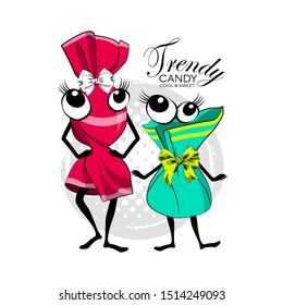 Vector funny sweets. Comic and funny sweet couple with dress. Illustration of fashionista and model cartoon candies. Print on T-shirts, bags and other fashion products. 