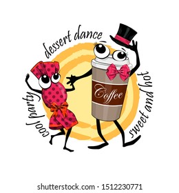 Vector funny sweets and paper cup of coffee. Illustration of fashionista  cartoon candy and coffee. Print on T-shirts, bags and other fashion products. 
