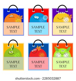 vector funny tags or labels with hanger with funny round characters with emotions