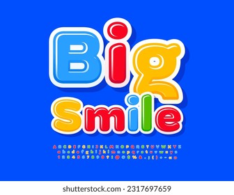 Vector funny template Big Smile with colorful Alphabet Letters, Numbers and Symbols set. Bright creative Font