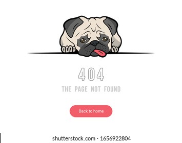Vector funny template of error 404 with a pug on a white background. Cute and sad dog for an interesting cover in a site.