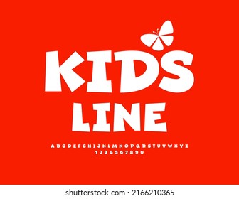 Línea de niños de plantilla divertida de vectores con mariposa decorativa. Tipo de letra blanco reproducible. Conjunto de letras y números de alfabeto de estilo sencillo