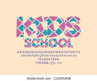 Vektorlustiger Text Kids School. Abstrakte Kinderschrift. Kreative Alphabet-Buchstaben, Zahlen und Symbole