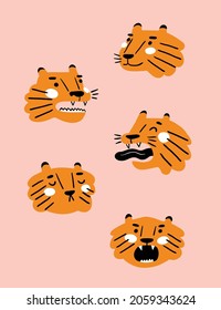 Vector funny tigers in hand-drawn style. Decorative design elements isolated on pink background. Animal characters for stickers or Chinese new year greeting card