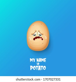 vector funny tiny cute crying baby potato character with tears isolated on blue background. Cartoon Funky crying baby vegetable character design template for printing on t shirt or tee