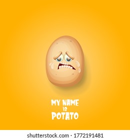 vector funny tiny cute crying baby potato character with tears isolated on orange background. Cartoon Funky crying baby vegetable character design template for printing on t shirt or tee