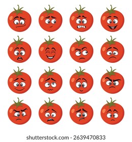 Vector Funny Tomato Character Faces with Cartoon Expressions. Tomato Face Set Showing Emotions. Kids Design, Cute Food Stickers, Education, Emotion Icons, Kawaii Style, Cartoon Vegetable Illustration