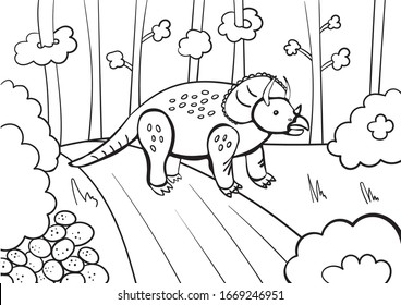 Vector. Funny Triceratops dinosaur with comb and pimples. In the prehistoric world. Herbivores. Background bushes, trees and stones. For children's coloring book. Outline isolated on white background.