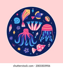 Vector funny underwater world. Colorful marine life. Cute hand-drawn fish, shells, octopus, seaweed, jellyfish. It can be used for baby clothes, stickers, T-shirts, flyer, postcard, poster