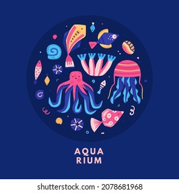 Vector funny underwater world. Colorful marine life. Cute hand-drawn fish, shells, octopus, seaweed, jellyfish. It can be used for baby clothes, stickers, T-shirts, flyer, postcard, poster