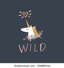 Vector funny unicorn and inscription "Wild". Poster, postcard, print, label, sticker and other.