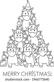 Vector funny unicorns holding baubles, black silhouette for coloring. Unicorn Christmas tree card.