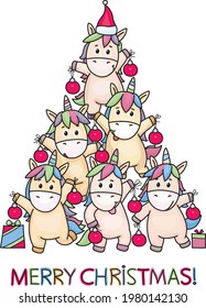 Vector funny unicorns holding baubles. Unicorns Christmas tree. Merry Christmas card.