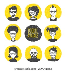 Vector Funny User Avatars In Trendy Hand Drawn Doodle Style. Eight Human Faces On Yellow Hand Drawn Circles.
