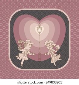 Vector funny Valentine greeting card with street light and a loving couple on a date