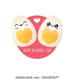 vector funny valentines day greeting card with cute egg couple character isolated on pink background. Happy Valentines day cartoon pink banner or poster.