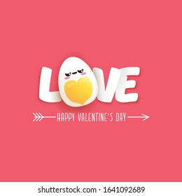 vector funny valentines day greeting card with cute egg character isolated on pink background. Happy Valentines day cartoon pink banner or poster.