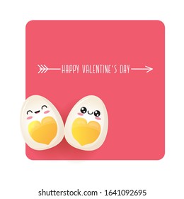 vector funny valentines day greeting card with cute egg couple character isolated on pink background. Happy Valentines day cartoon pink banner or poster.