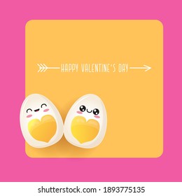 vector funny valentines day greeting card with cute egg couple character isolated on background. Happy Valentines day cartoon pink banner or poster. Kawaii eggs