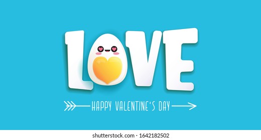 banner horizontal vectorial divertido de San Valentín con bonito personaje de huevo aislado en fondo azul. Feliz Día de San Valentín caricatura funky banner o afiche.