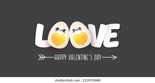 vector funny valentines day horizontal banner with cute egg character isolated on grey background. Happy Valentines day cartoon funky banner, label, flyer and poster.