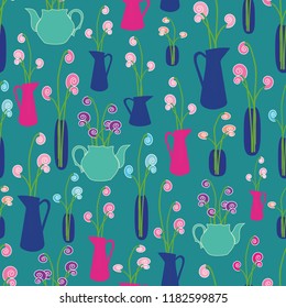 vector funny vases shell flowers blue green repeat seamless pattern background	