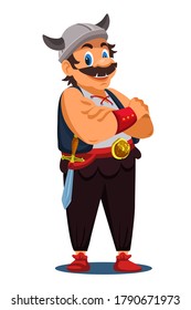 Vector funny viking cartoon role fantasy game character isolated on white background. Friendly smiling scandinavian mythology person. Ancient warrior norway man with folded arm on chest
