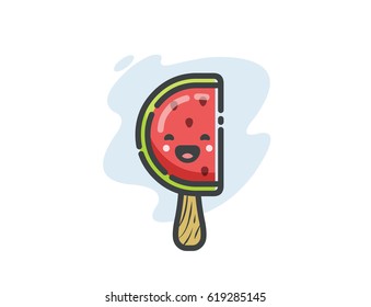 Vector funny watermelon ice cream icon, cute cartoon food character 