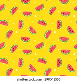 Vector funny watermelon seamless pattern in trendy hand drawn doodle style. Cute simple watermelon background with dots.