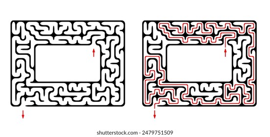 Vector funny weird maze with entry and exit. Find the way through labyrinth puzzle. Medium level difficulty riddle for childrens and adults with solution - red passing route.
