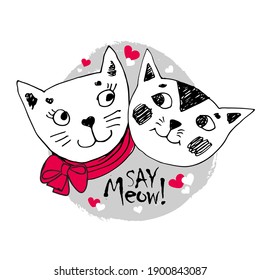 Vector funny white cats. Hand drawn illustration of pretty lover cats. Valentines day. Children's drawing style.