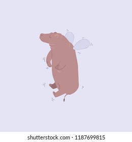 Vector funny winged hippo character flying like a butterfly vector Illustration