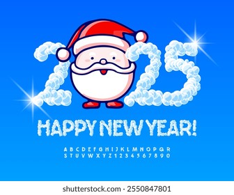 Vector funny Wish Card Happy New Year 2025 with cute Santa Claus. Snowy style Font. Cloud textured Alphabet Letters and Numbers set