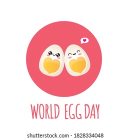 vector funny world egg day greeting card with cute egg couple character isolated on pink background. Happy world egg day day cartoon pink banner or poster.